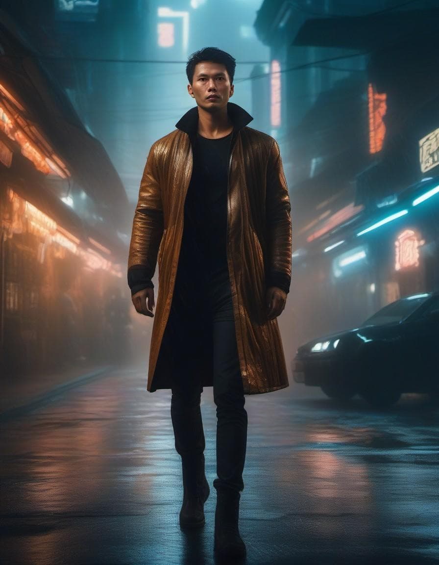 AI generated: Young men in blade runner, photo, light box, three point lighting, film grain, epic movie poster, fl...