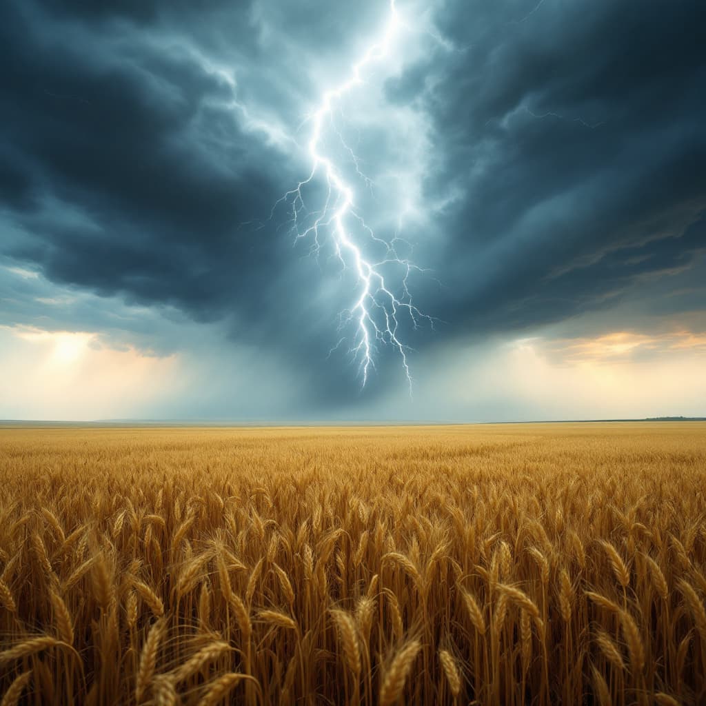 AI generated: a white 
Tornado over a wheat field, lightning striking in the distance, hyperreal detail --v 7 --st...