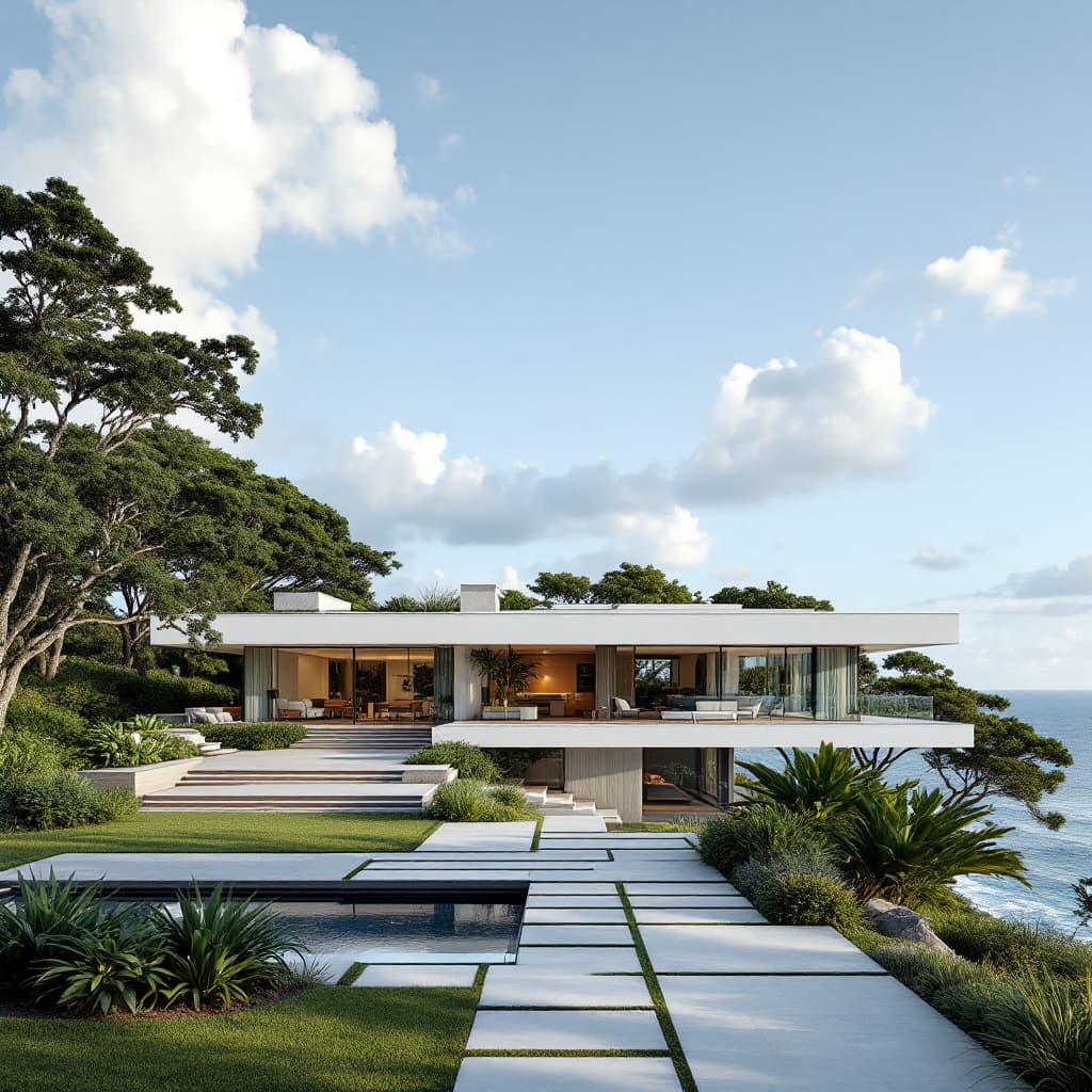 AI generated: Hyper-realistic eye level exterior photo of a mid-century modern style house overlooking the ocean, ...