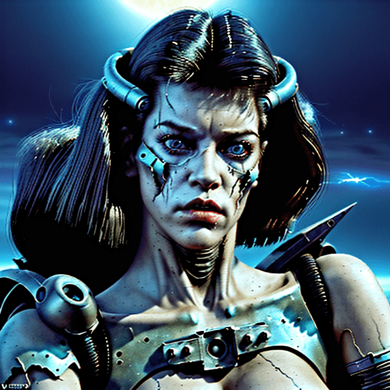 AI generated: a perfect Beautiful rugged female post apocalyptic retrowave synthwave cyborg, space age, creepy eer...