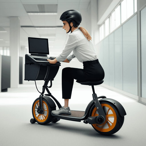 AI generated: office work with an electric trottinette plugged in