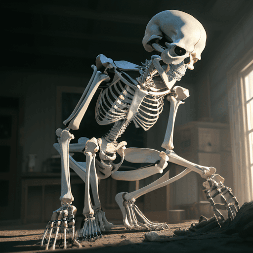 AI generated: Photo of a ultra realistic human skeleton kneeing down to pet a skeleton of a house cat, dramatic li...