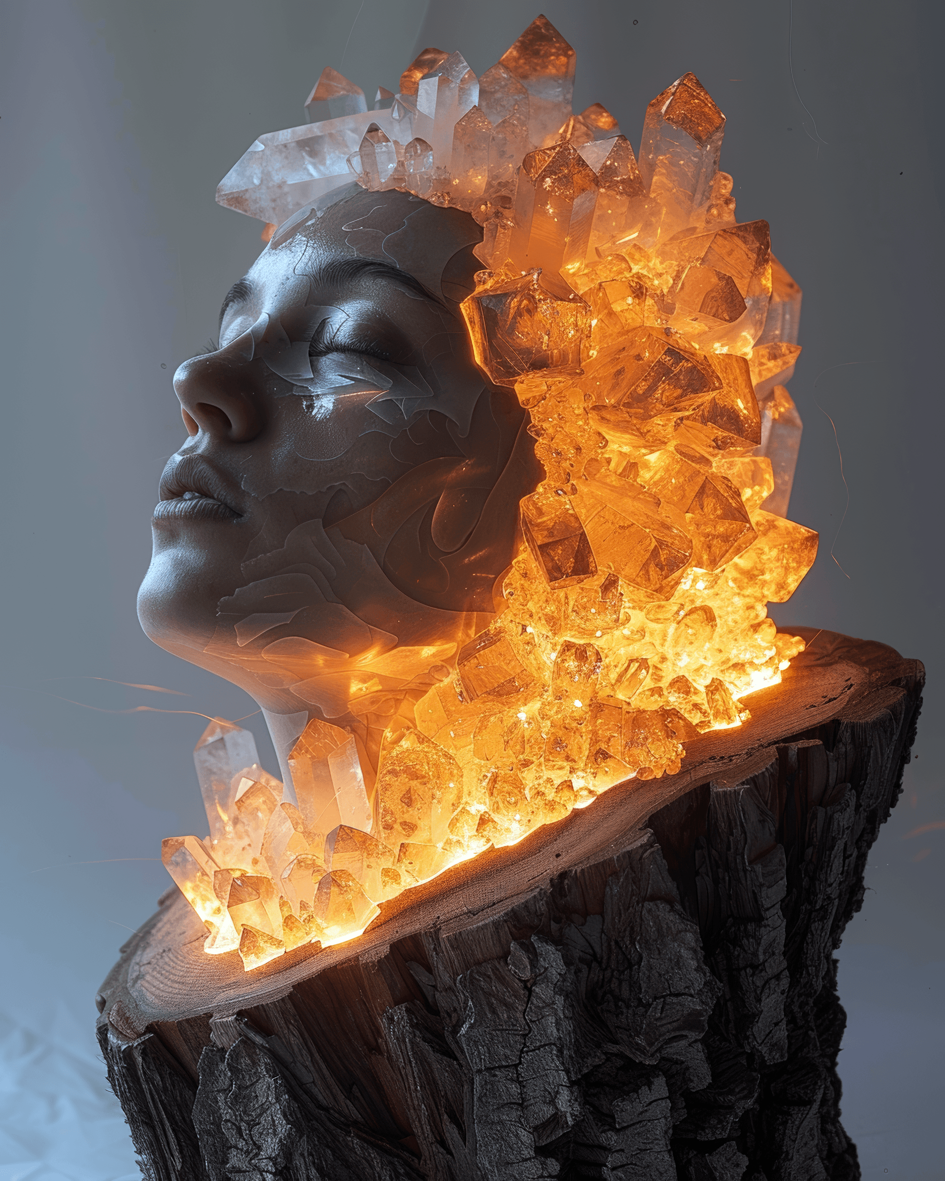 AI generated: an wooden slice made out of glowing crystals with a person's face illuminated, in the style of surre...