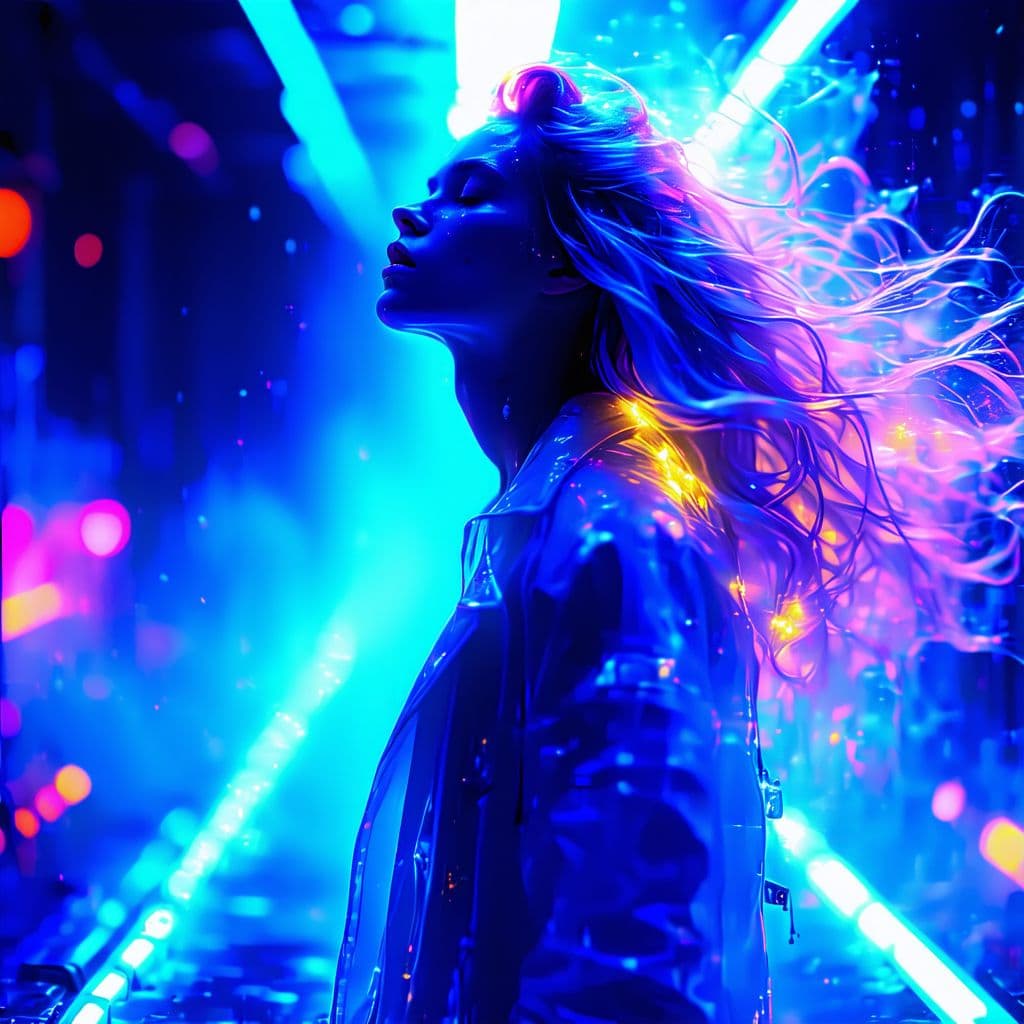 AI generated: futuristic trance music cover, female figure, glowing neon lights, ethereal and emotional atmosphere...
