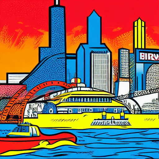 AI generated: high contrast comic book style art, retro illustration of navy pier in chicago, pop art, comic art, ...