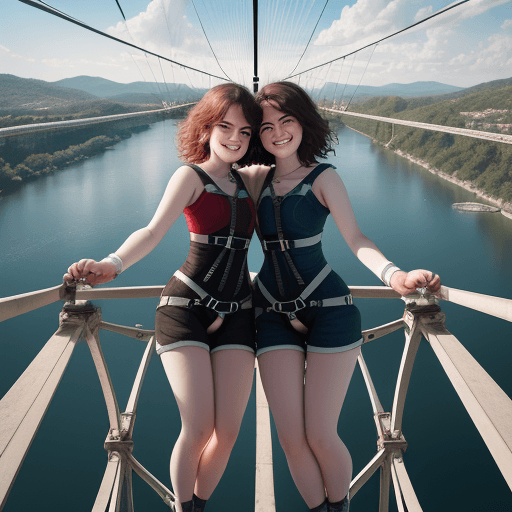 AI generated: couple tandem bungee jumping from a bridge, they are hugging, they look in love, daylight, caught wh...