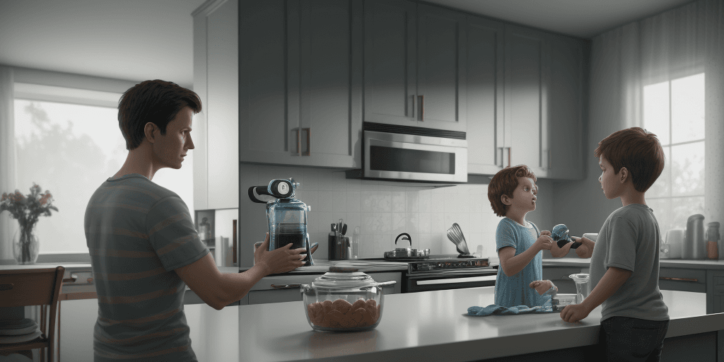 AI generated: A mother using a blender in the kitchen while her son watches television(TV) , cinematic, hyper real...