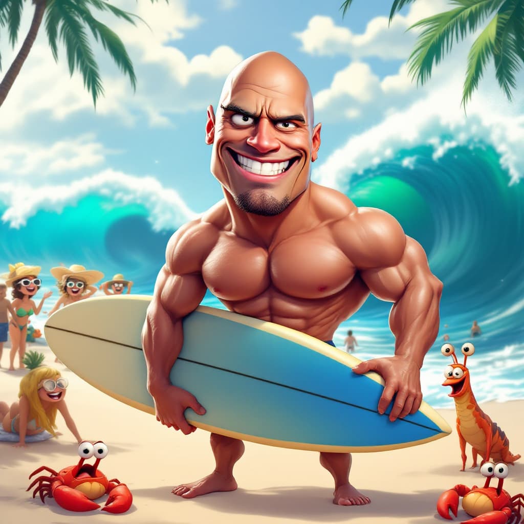 AI generated:  a humorous, exaggerated caricature of Dwayne Johnson. His face has oversized, intense eyes with one...