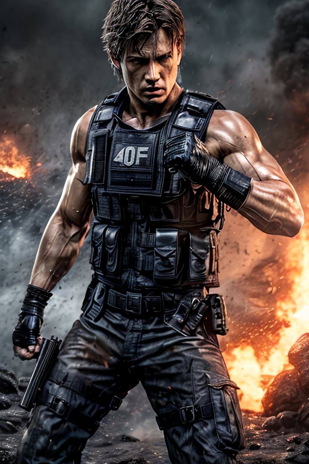 AI generated: 1boy, re5dfield punching giant stone, Resident Evil, fists, fingerless gloves, dynamic pose, militar...