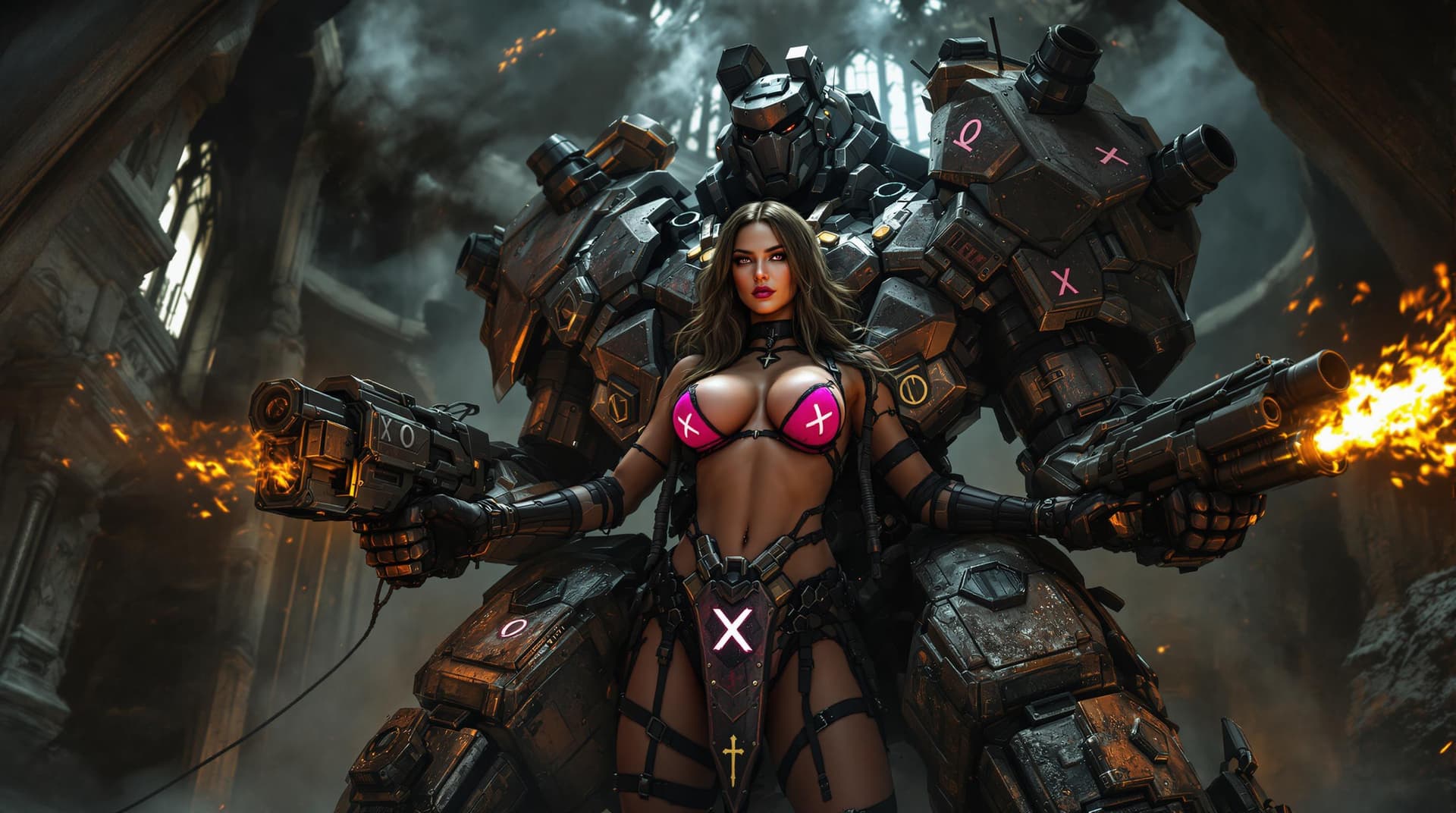 AI generated: The image features a strong female figure inside a massive war machine resembling a mechanical exosk...