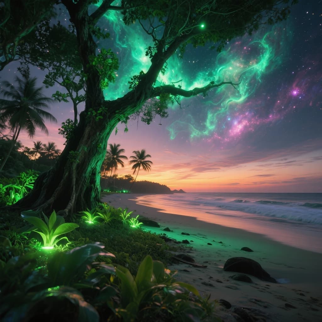 AI generated: landscape, dynamic lights, glowing emerald, nebulas, sunset, ambiente, plants, giant tree, beach, Ba...