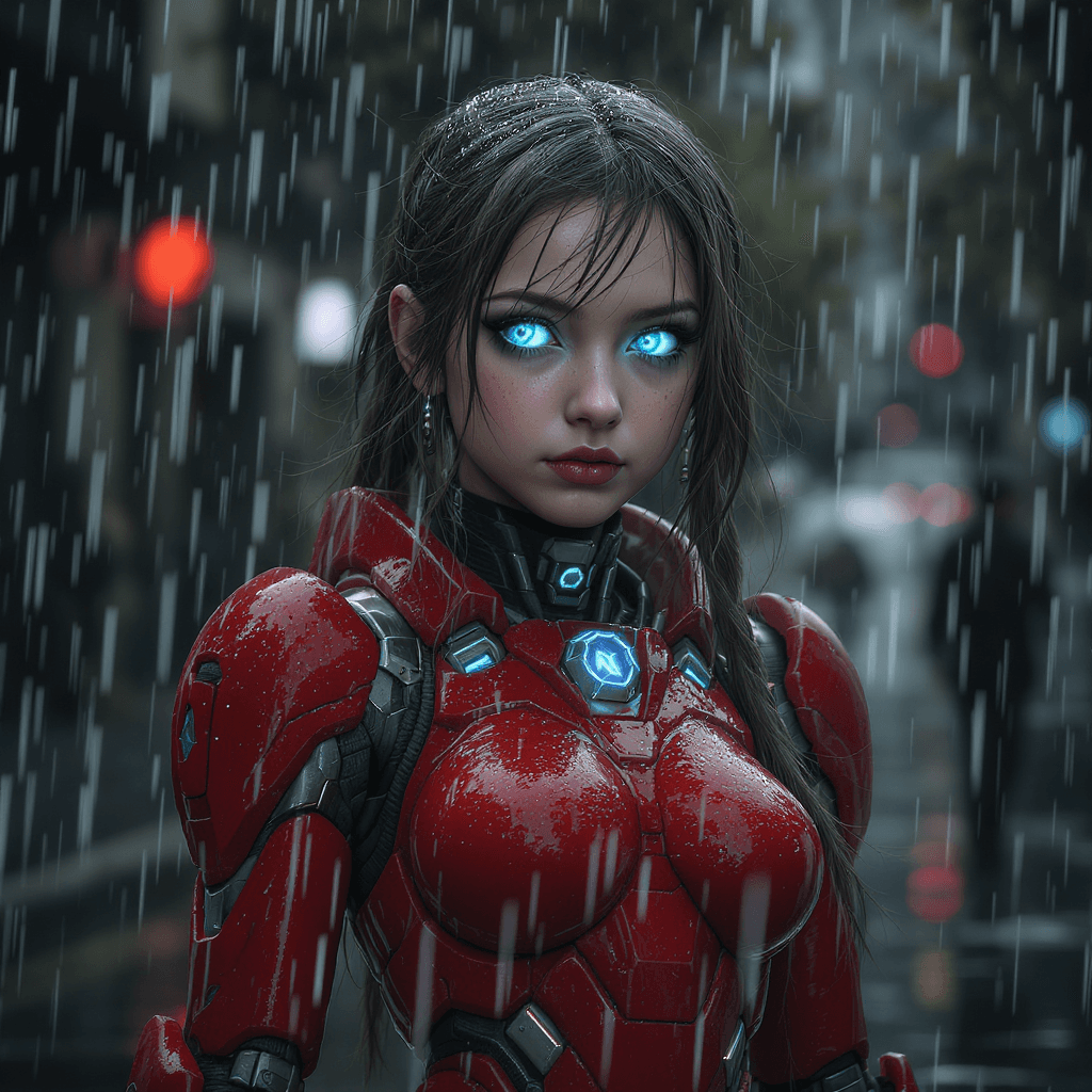 AI generated: young girl with a red robot suit standing in the rain, in the style of detailed hyperrealism, skotti...