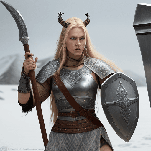 AI generated: Create a hyper realistic depiction of  fierce female  Dane Viking warrior and raider. She is tall, f...