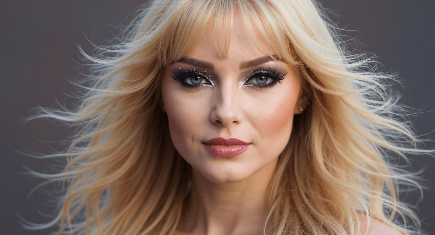 AI generated: She has dark sapphire blue eyes with ornate eye makeup to accentuate her eyes and face. She has long...