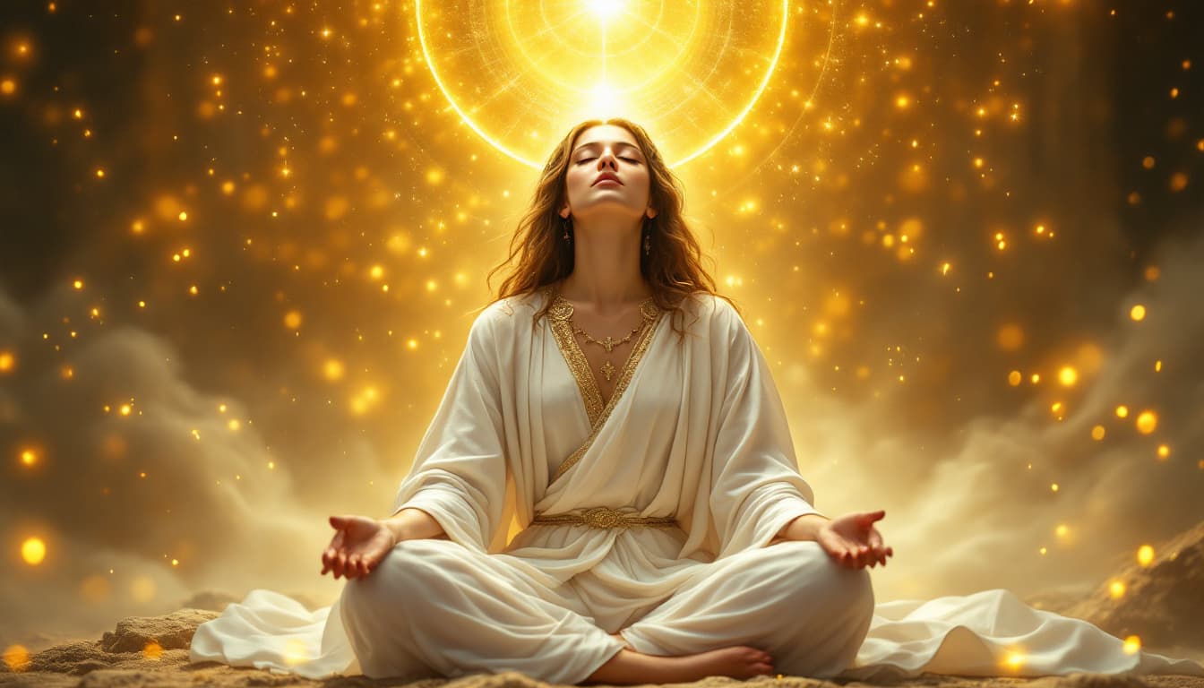 AI generated: Ajesus  ,dressed in white and goldensurrounded by divine light in a medieval European-style fantasy ...
