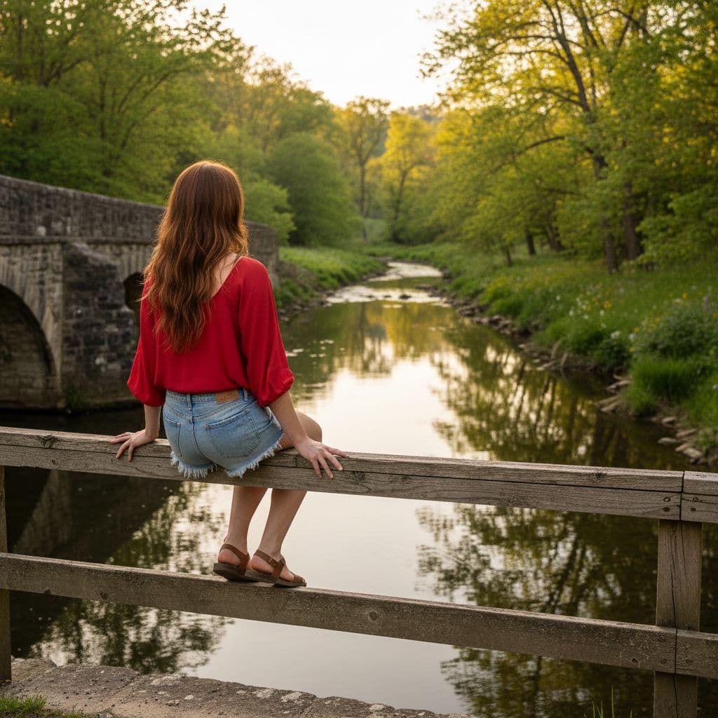 AI generated: A woman sits on the railing of a bridge overlooking a serene creek, its waters reflecting the warm s...