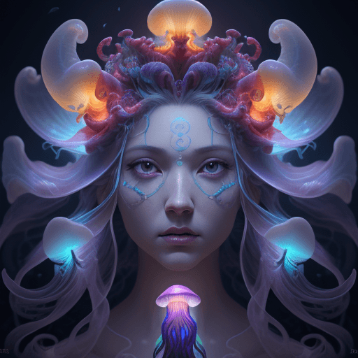 AI generated: Goddess close-up portrait ribcagel. jellyfish phoenix head, nautilus, orchid, skull, betta fish, bio...