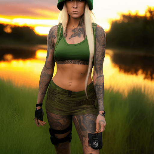 AI generated: Beautiful blonde woman with tattoos wearing tactical gear in the middle of a swamp, with an angry lo...