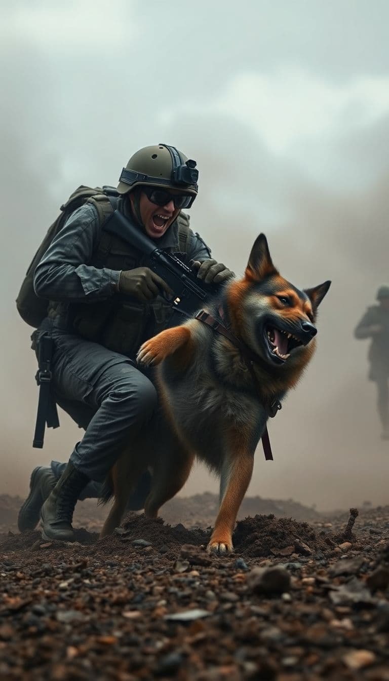 AI generated: a stray dog in army gear bites a soldier's leg, the soldier screams, the atmosphere of the battlefie...