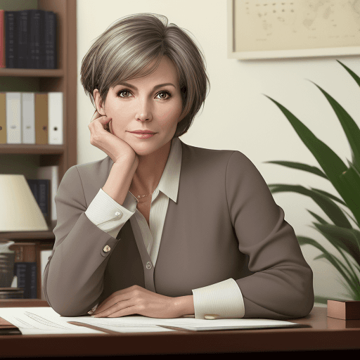 AI generated: hyper realistic photo, elegant 45-year-old woman sitting at her desk in her personal office, very sh...