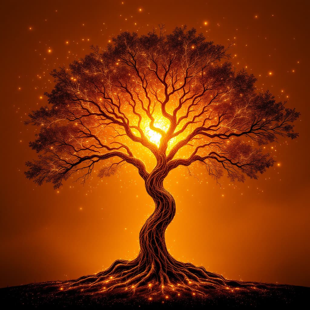 AI generated: An African glowing, tree-like organism where branches represent different data streams—growing, morp...