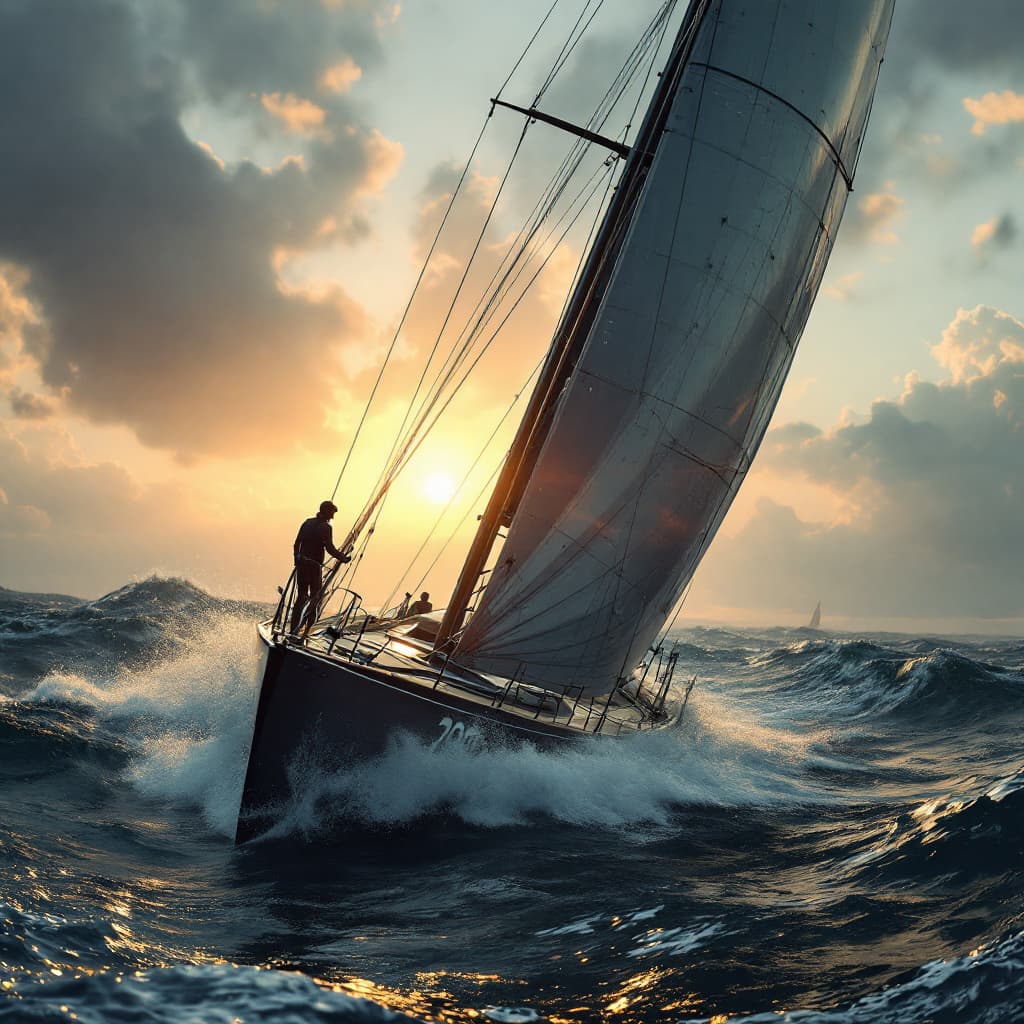 AI generated: Psychedelic, surreal, different. Photo of an ultra-realistic racing  yacht from 2045, stormy seas, l...