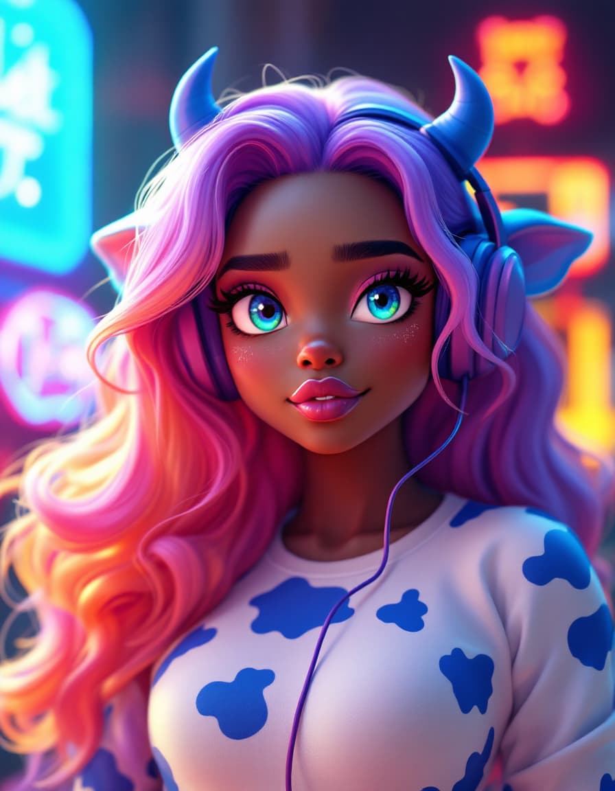 AI generated: curvy, Dark skin, dark skin anime girl, blue cow print, blue thick cow tail,  blue cow ears, 30s, CH...
