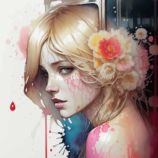AI generated: redshift style Routemaster, Dripping and Splashing Watercolor, Flower, intricate details pretty blon...
