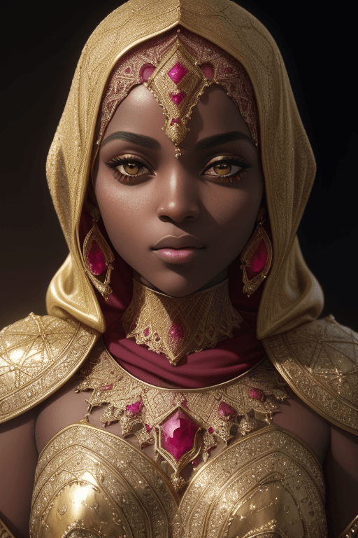 AI generated: Ruby encrusted hijab, intricate ruby and gold Islamic armor, detailed gorgeous face, beautiful Afric...