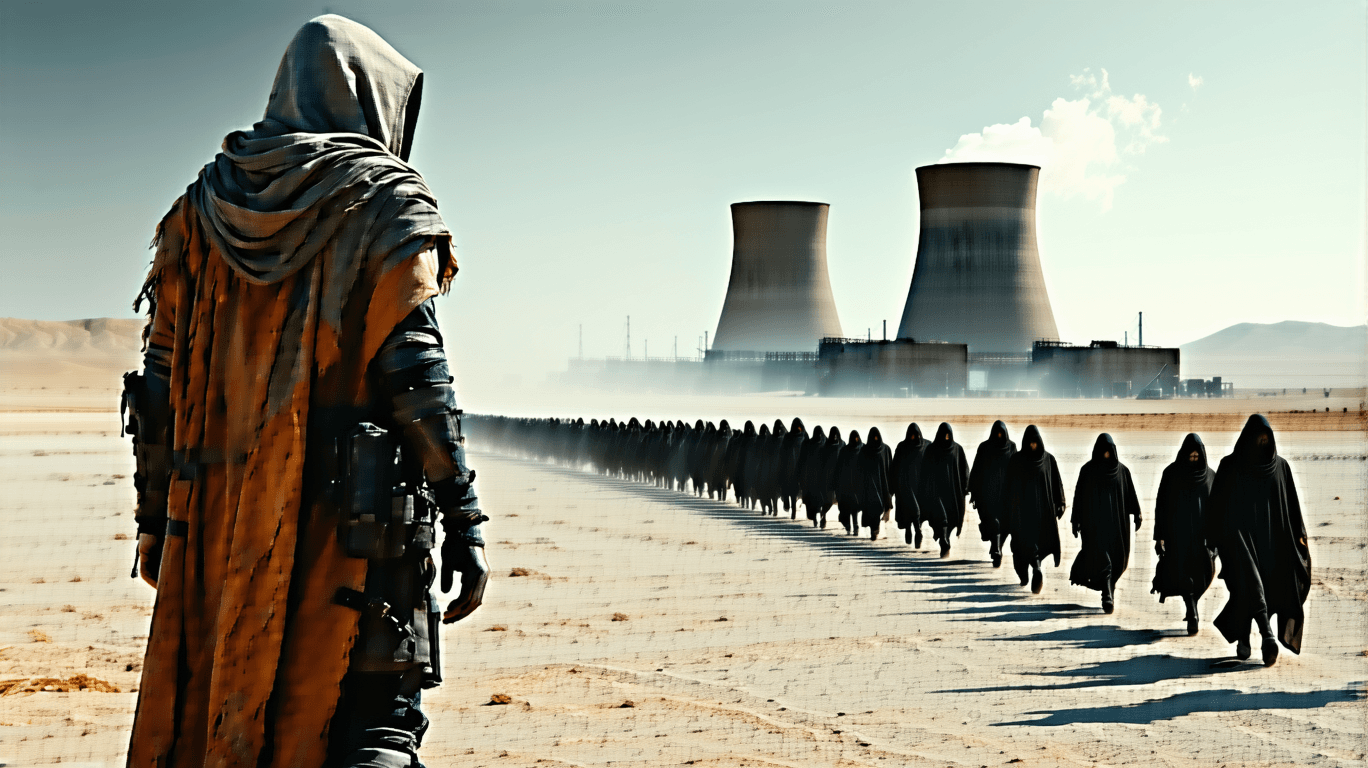 AI generated: Create an atmospheric dystopian futuristic scene in which a solitary figure dressed in ragged clothe...
