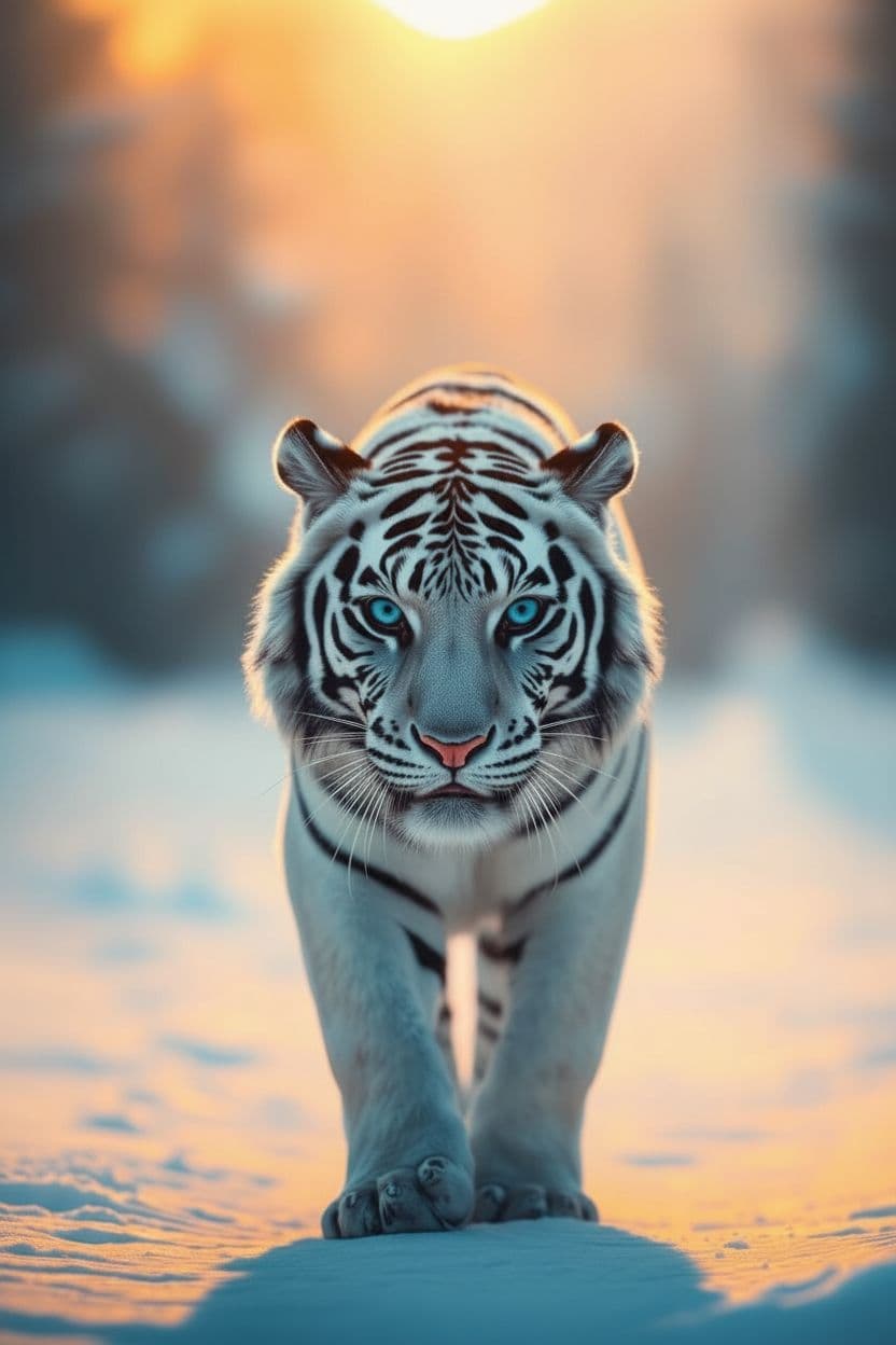AI generated: "High-resolution, fine art nature photograph, a white tiger with black stripes, piercing blue eyes, ...