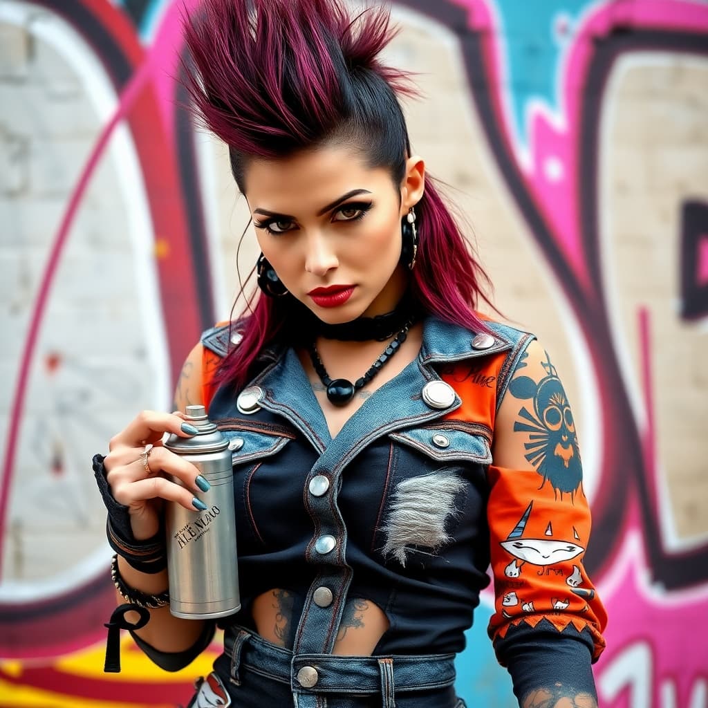 AI generated: A bold portrait of a rebellious woman, her gaze defiant, her eyes fiery and energetic, posing in a v...