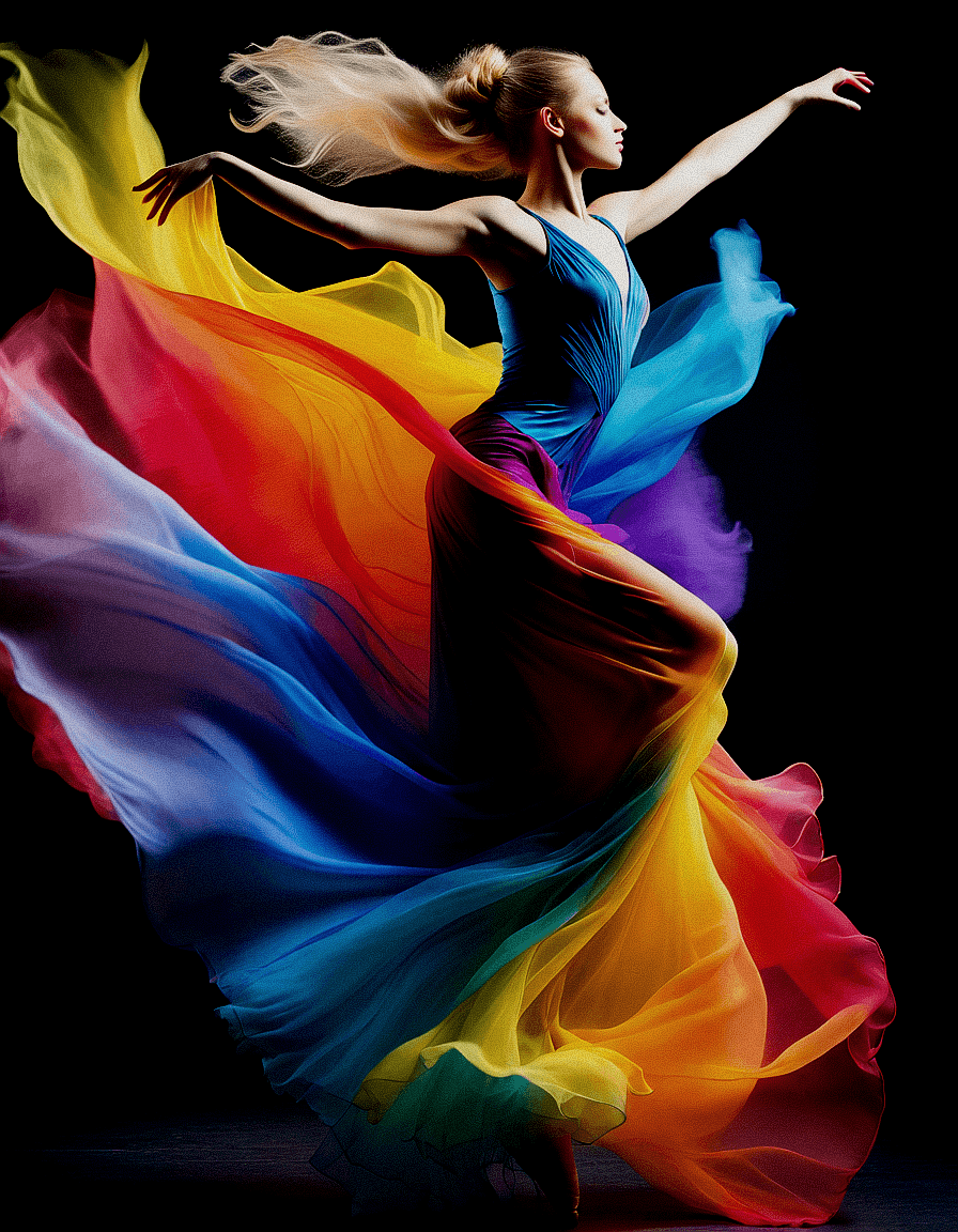 AI generated: an image of a dancer in a dynamic and fluid pose, her body exuding grace and energy. She is dressed ...