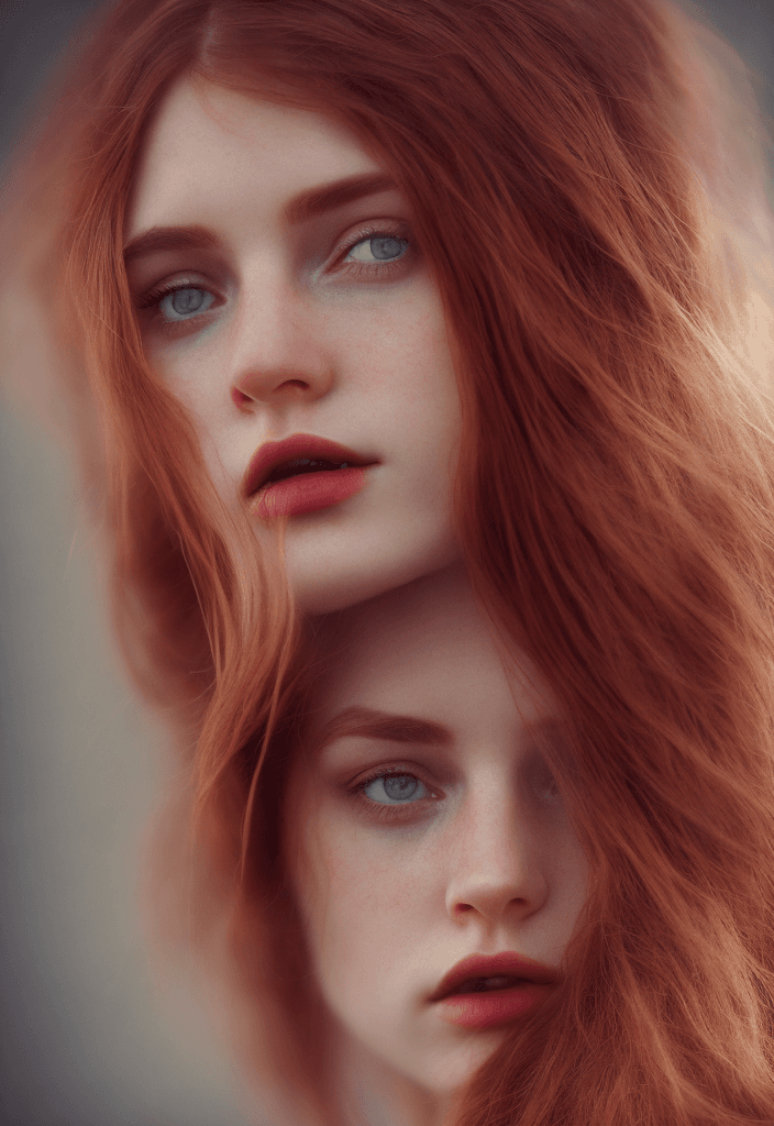 AI generated: Close-up photo of a beautiful Irish girl, adorable face, red long layered hair, no makeup, realistic...