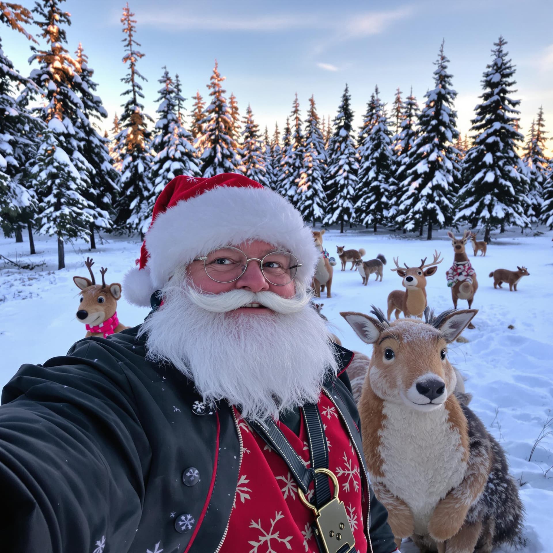 AI generated: In the winter forest, there is an field with many forest animals standing on it. Animated Santa Clau...