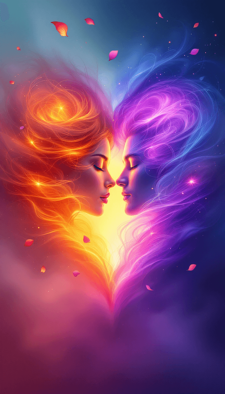 AI generated: A surreal and ethereal digital painting of two faces one male, one female emerging from swirling, co...