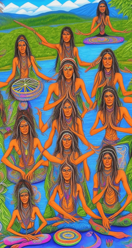 AI generated:  Psychedelic shamanic group of people near lake in Georgia. Man and beautifil spiritual 
women. They...