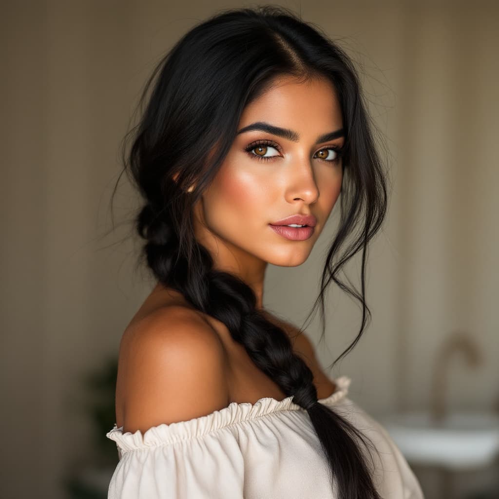 AI generated: A 26-year-old Moroccan woman with golden-olive skin and long black hair tied in a loose side braid, ...