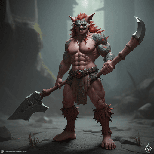 AI generated: fantasy goblin,with red hair crest,very muscular,with an axe, photorealistic ,full body image, octan...