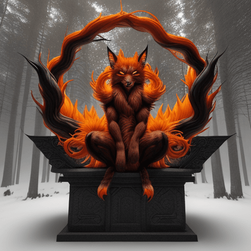 AI generated: In a dark, mystical forest, Kurama, the mighty nine-tailed fox demon, stands majestically on an anci...