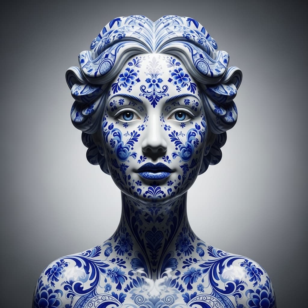 AI generated: a woman made out of porcelain, in the style of balanced symmetry, white and blue, detailed facial fe...