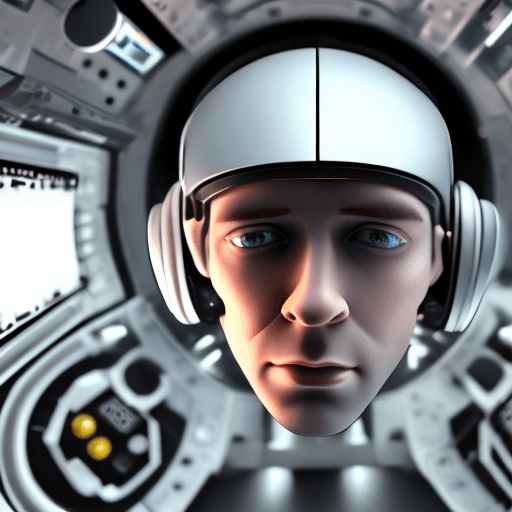 AI generated: View from above of an open android head. inside the head there is a control room with little men con...