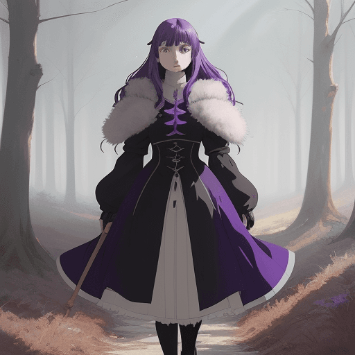 AI generated: prompt=Loona medieval character with shoulder-length purple hair cold fur clothes black eyes walking...