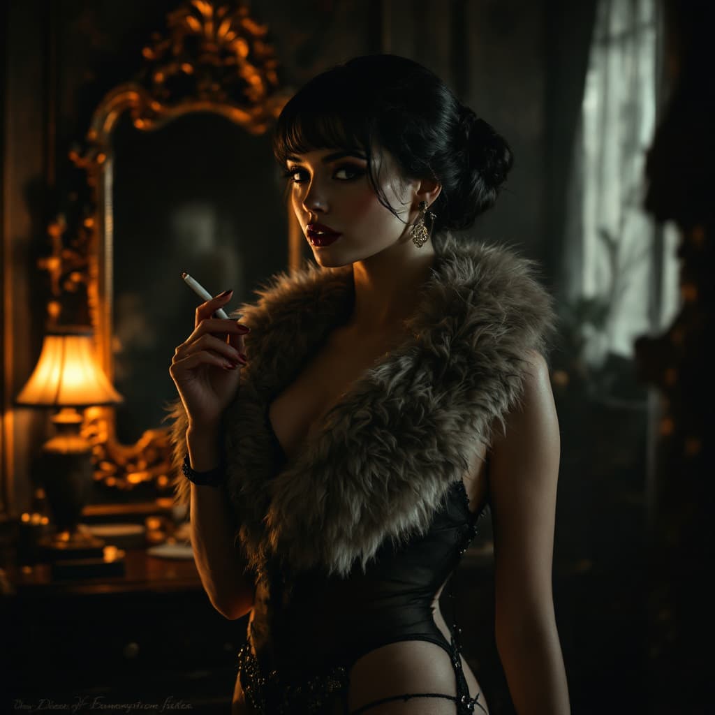 AI generated: 
(Full-body shot, dramatic film-noir lighting, vintage 1960s aesthetics, ultra-detailed fabric and ...
