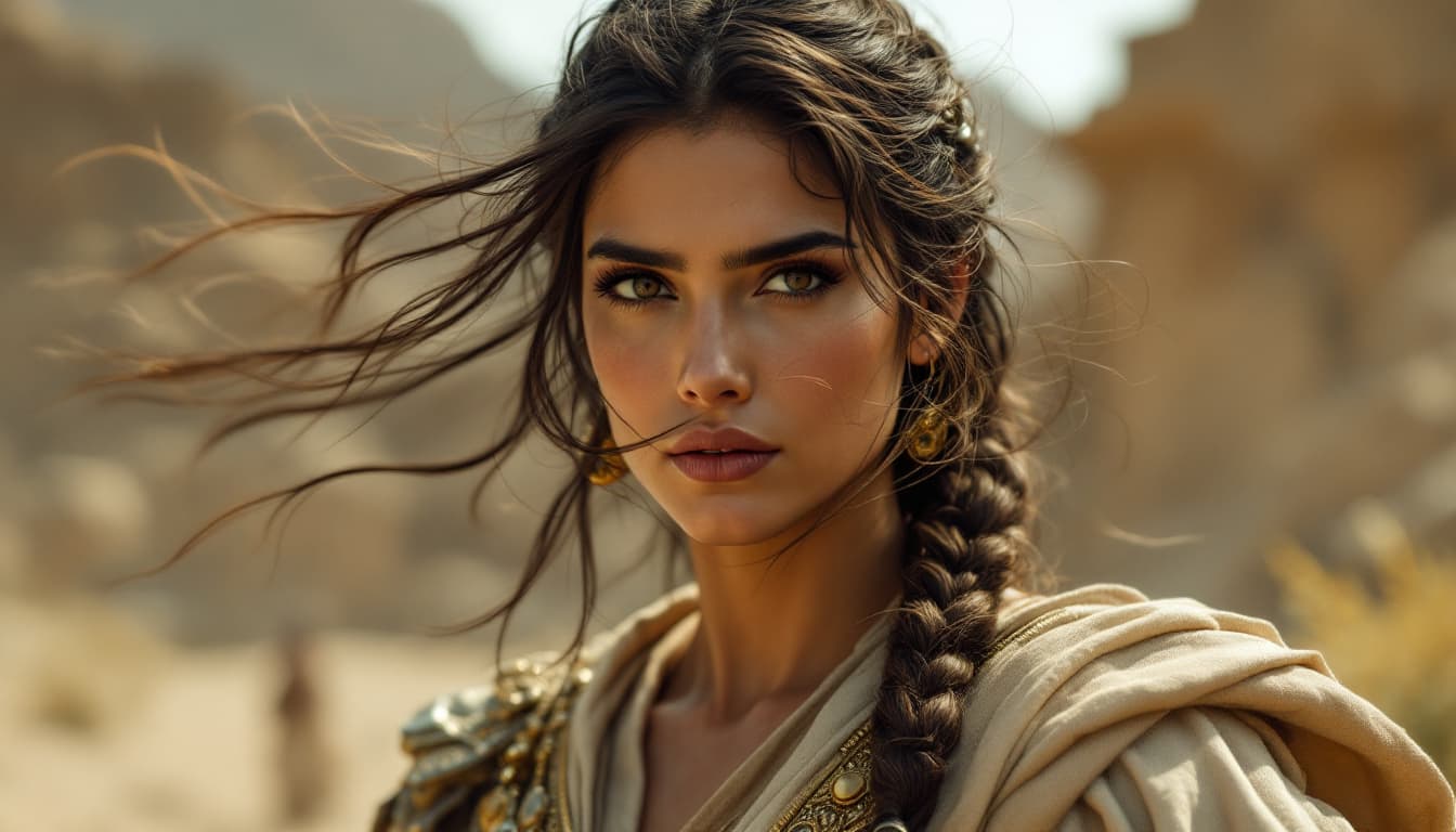 AI generated: Ultra-realistic .	Medium shot of Yutab’s face looking forward with resolve, her hair dancing in the ...