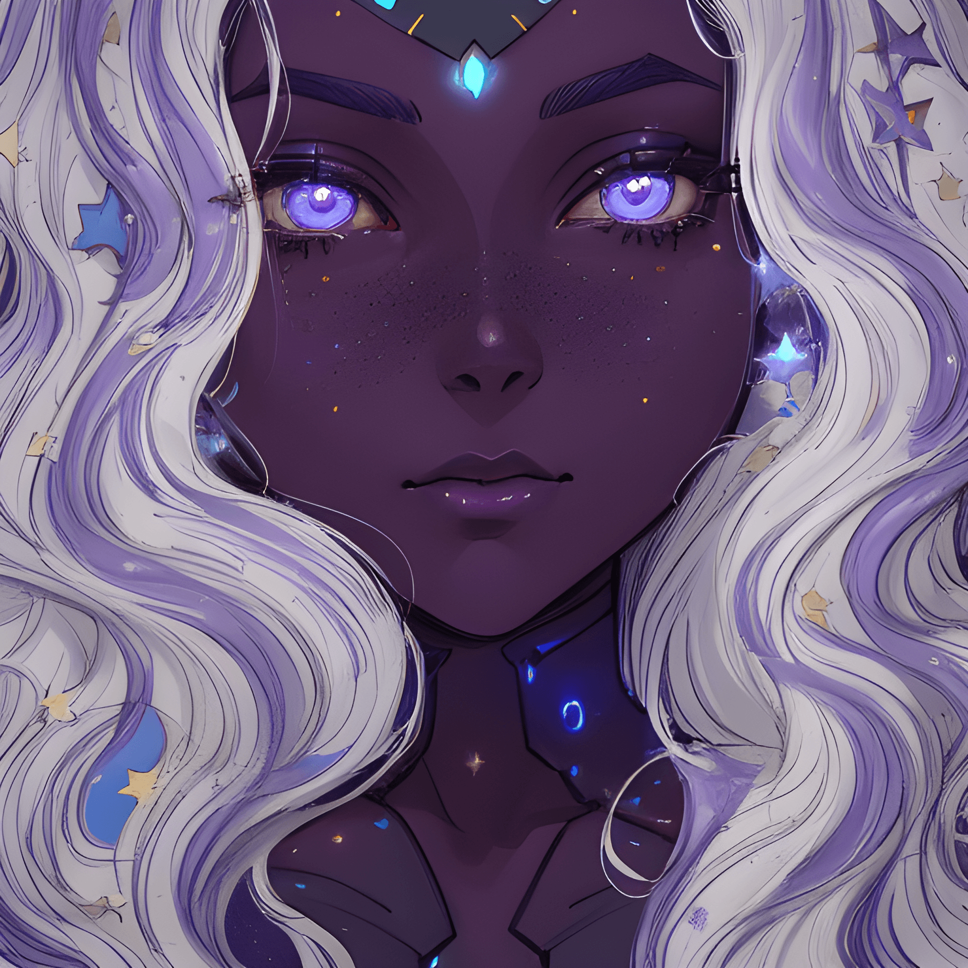 AI generated: a woman with long white hair and stars on her face, inspired by loish, tumblr, afrofuturism, dark pu...