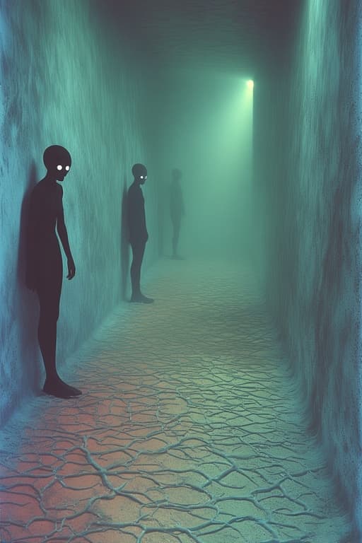 AI generated: A chilling, surreal nightmare unfolds in a dimly, flickering corridor that stretches into infinity, ...