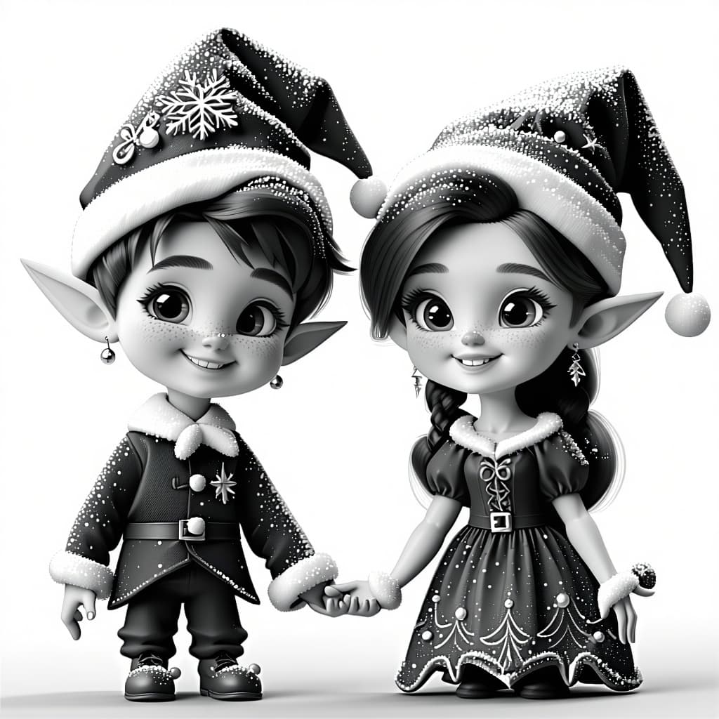 AI generated: Create an image of two young, gleeful Christmas elves with human facial features, one male and one f...