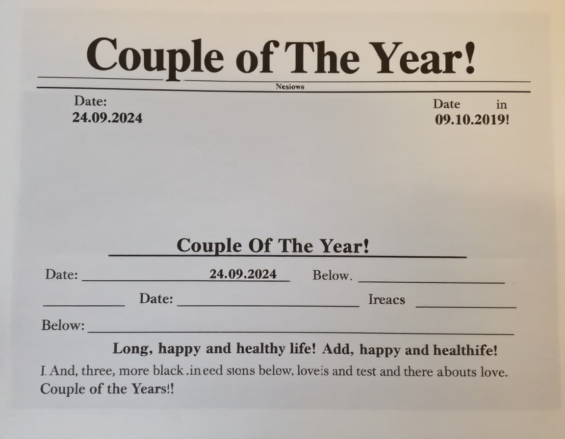 AI generated: A simple page of a newspaper
In the middle of the page write: Couple Of The Year!
Don't add any imag...