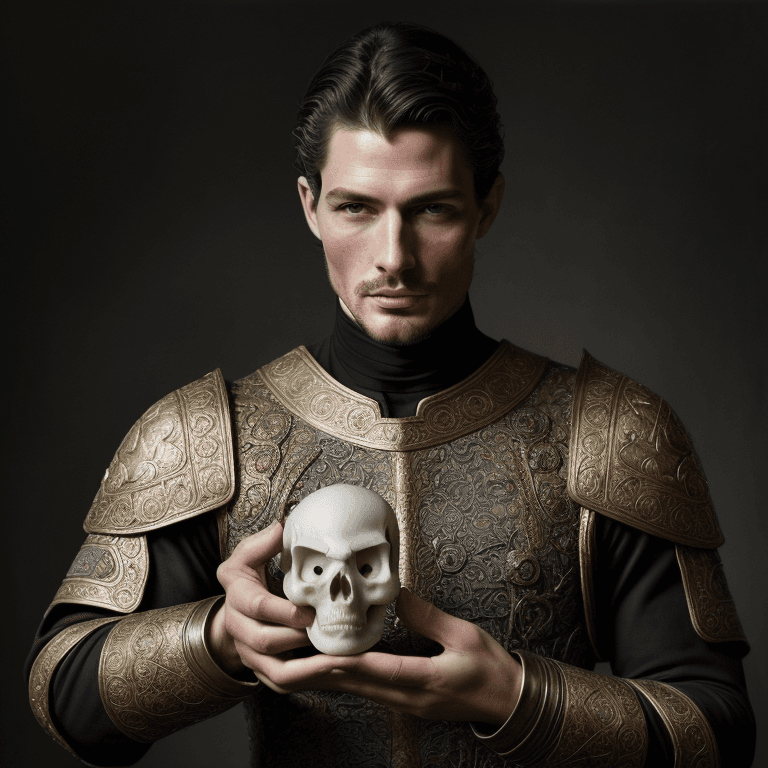 AI generated: Handsome mature prince holding an anatomically correct human skull  in the palm of his hand and aski...